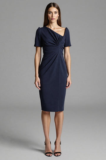 Navy Ruched Short Sleeve Bodycon Midi Work Dress